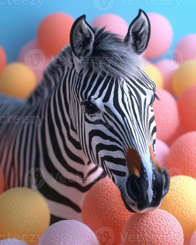 A zebra is standing in a bunch of balls photo