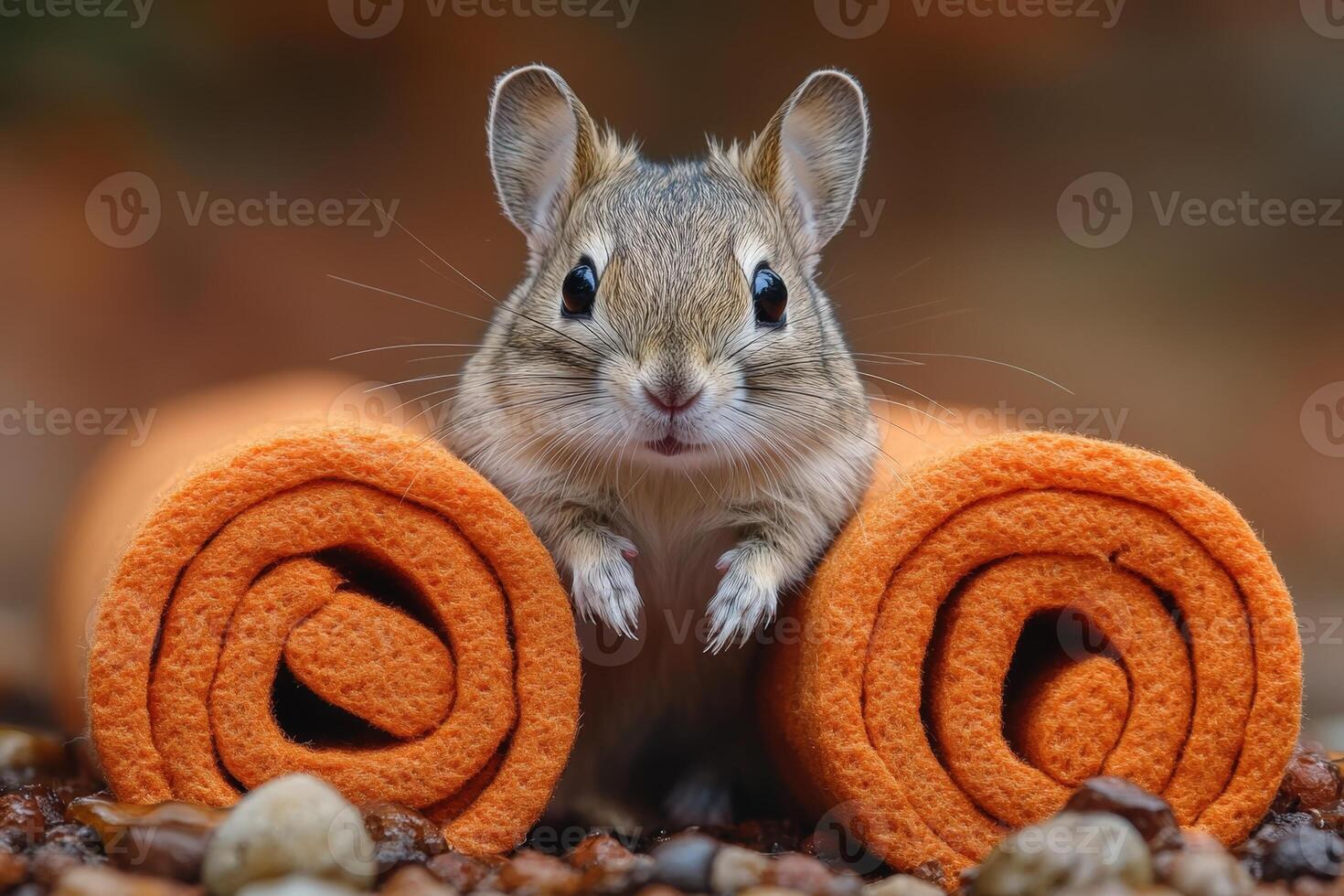 A small mouse sitting on top of two orange towels photo