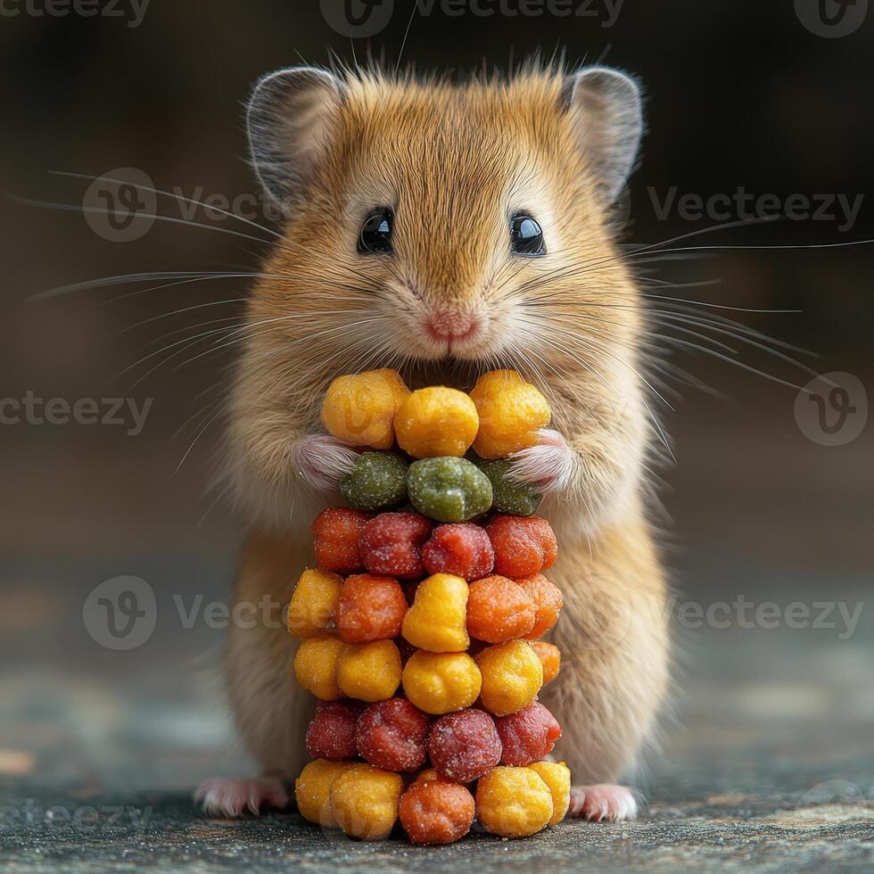 A hamster eating a stack of colorful cereal photo