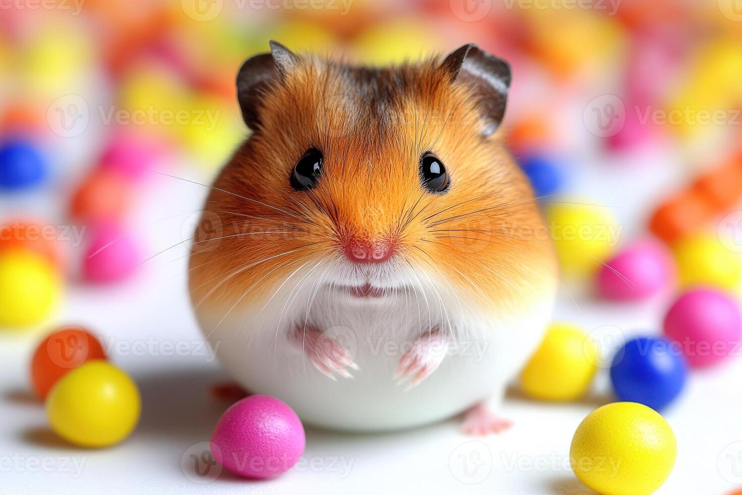 A hamster is surrounded by colorful eggs photo