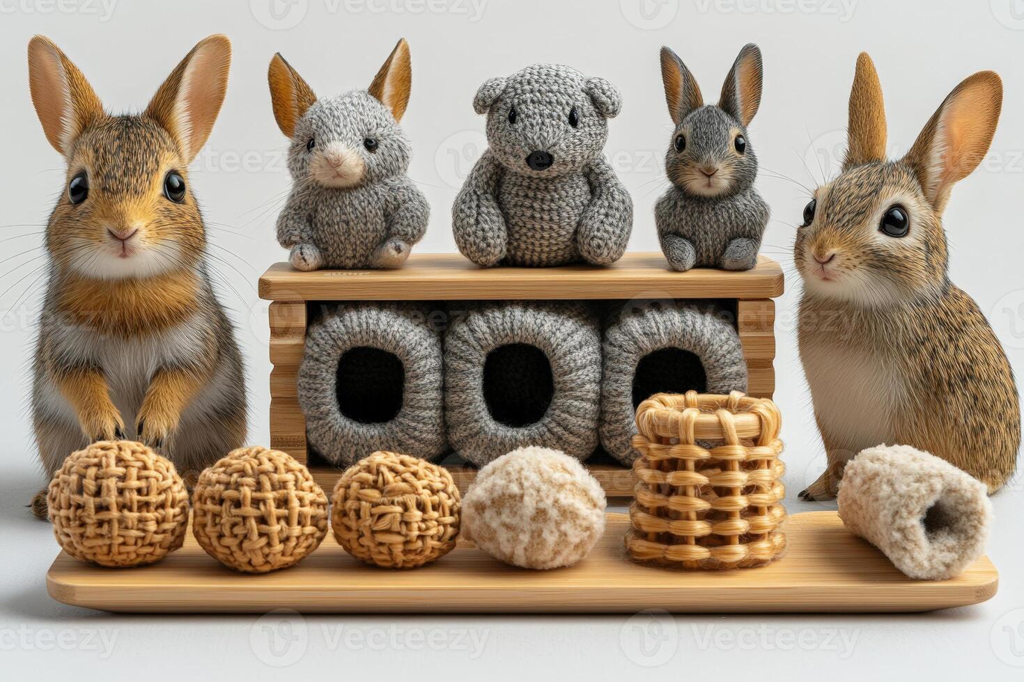 A group of small animals are sitting on a wooden tray photo