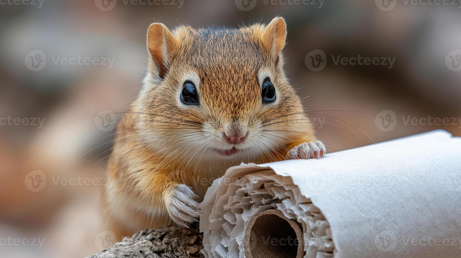 A small chipmunk is holding a roll of toilet paper photo