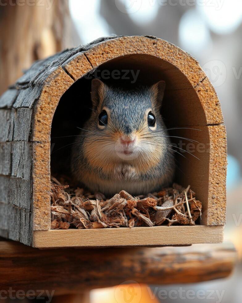 A small squirrel sitting inside of a wooden house photo