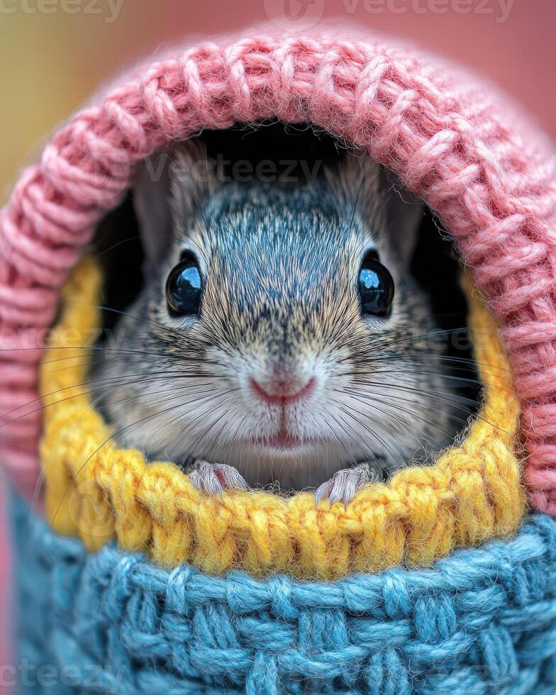 A small mouse is peeking out from inside a knitted blanket photo