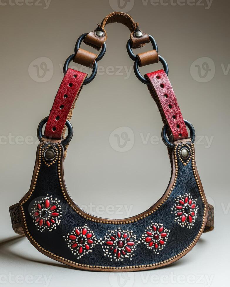 A black and red leather horse bridle with red and black beads photo