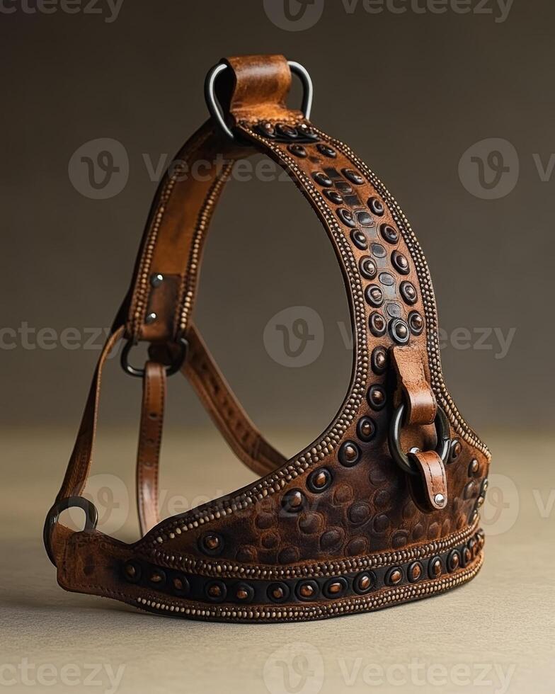 A leather dog harness with studded detailing photo