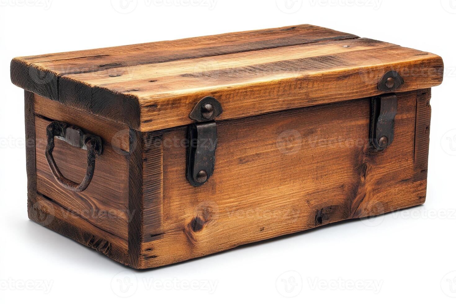 A wooden trunk with metal handles and a handle photo