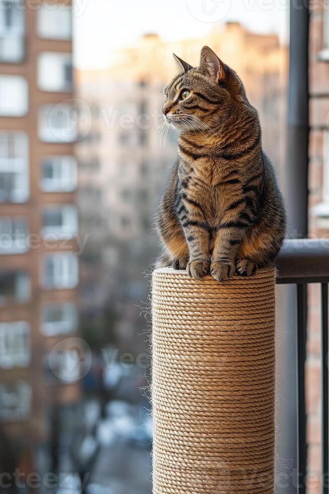 A cat sitting on top of a scratching post photo