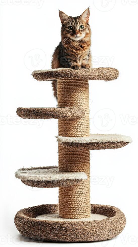 A cat is sitting on top of a cat tree photo