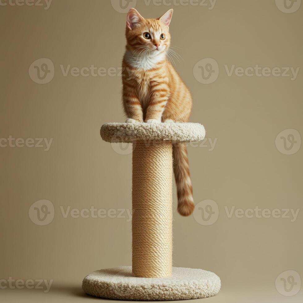 An orange tabby cat sitting on top of a scratching post photo