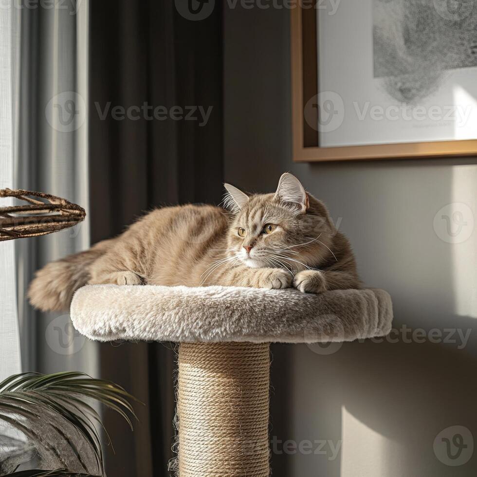 A cat laying on a scratching post photo