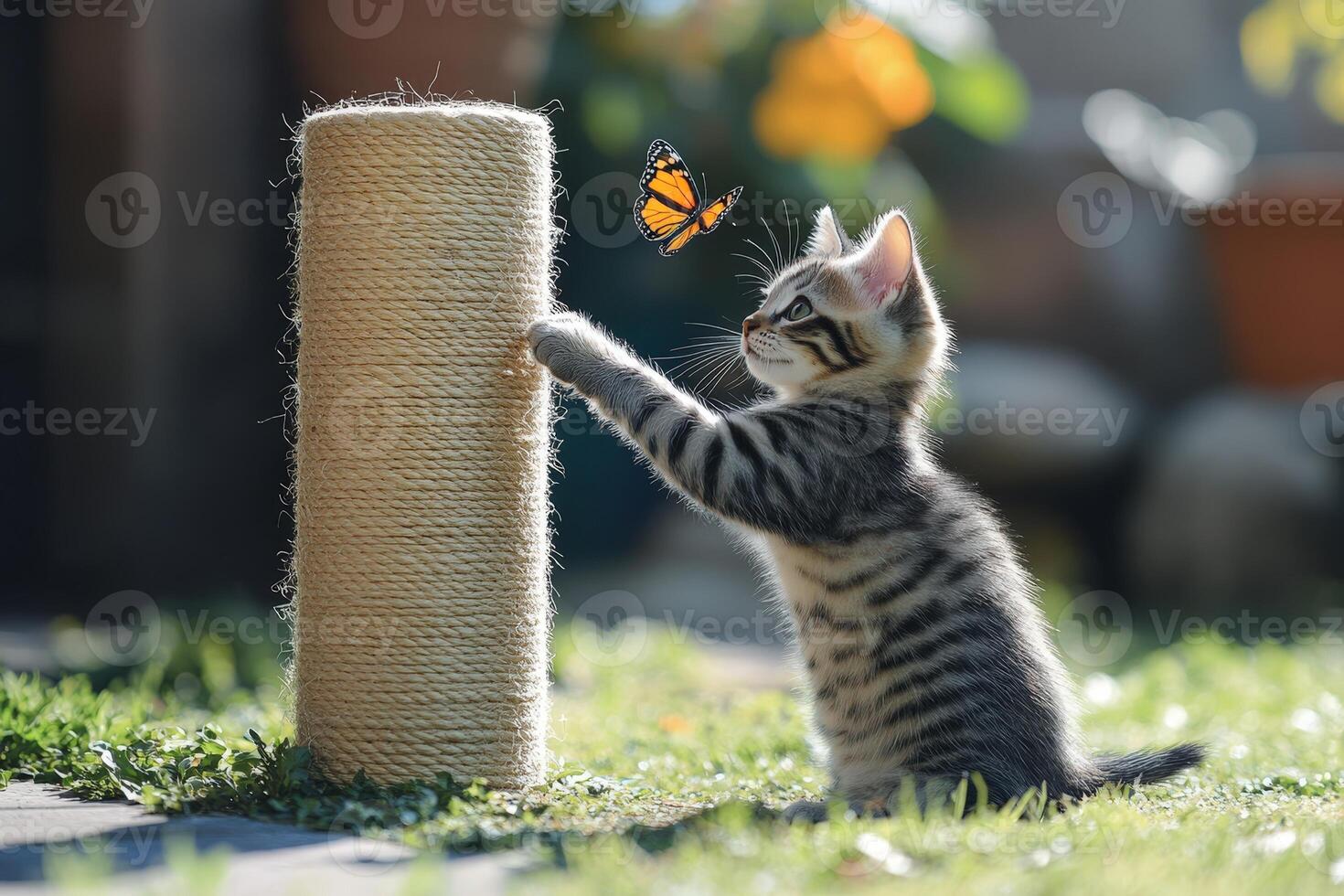 A kitten reaching up to touch a scratching post photo