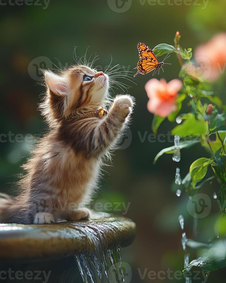 A kitten is reaching up to a butterfly photo