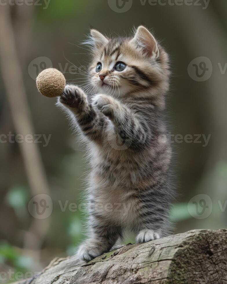 A kitten is holding a nut in its paws photo