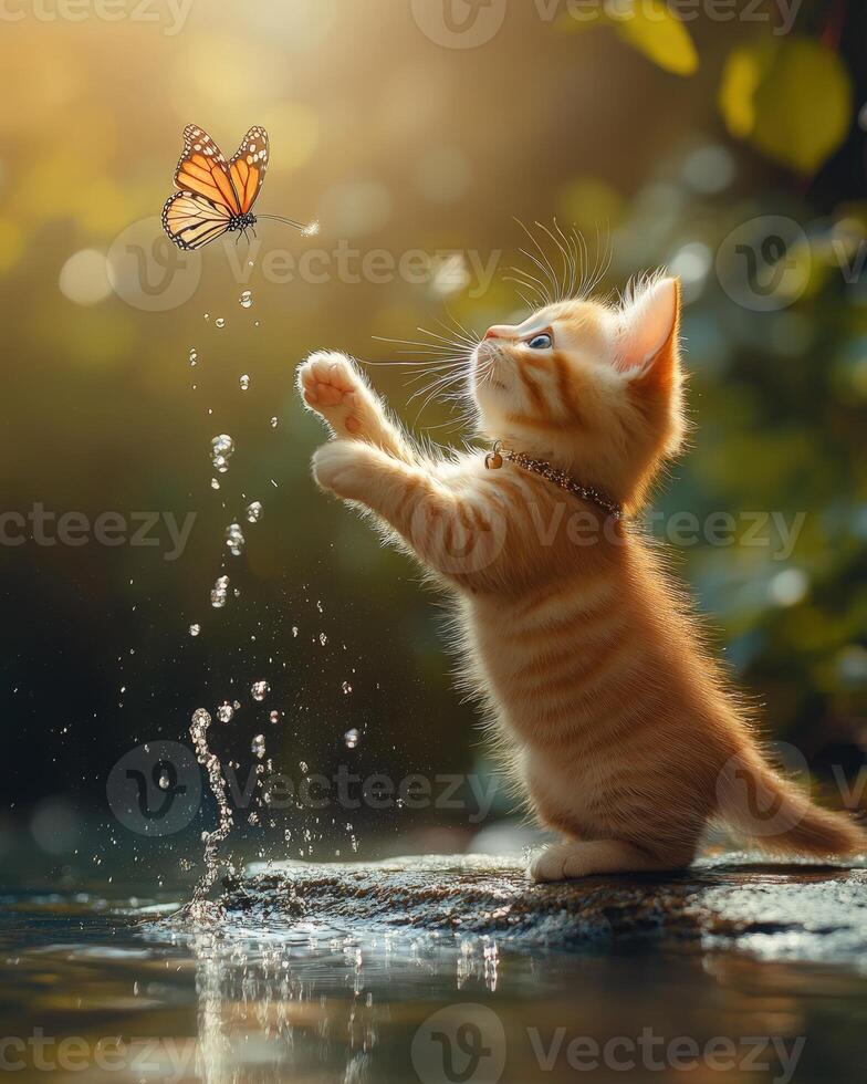 A kitten reaching up to catch a butterfly photo