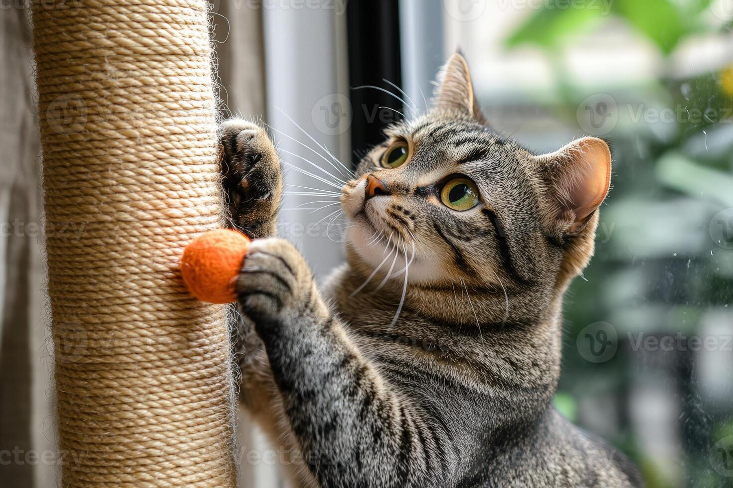 A cat playing with a ball on a scratching post photo