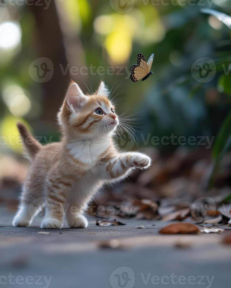 A kitten reaching out to catch a butterfly photo
