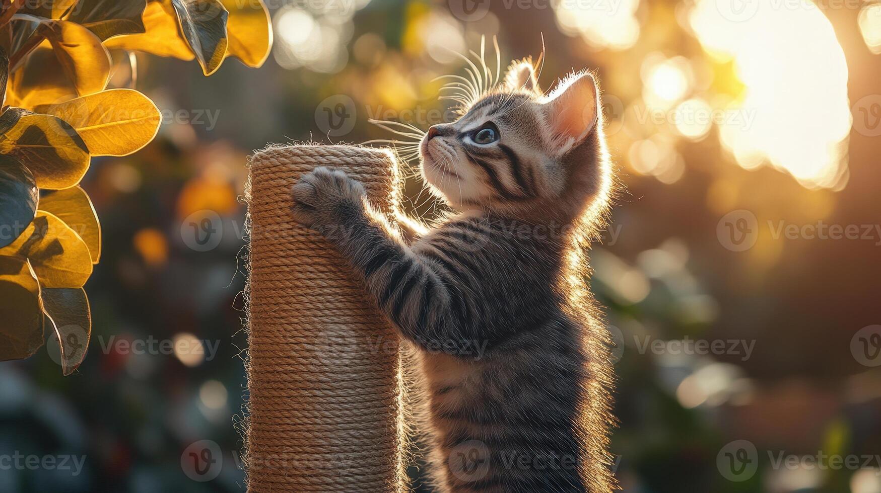 A kitten is reaching up to a tall pole photo