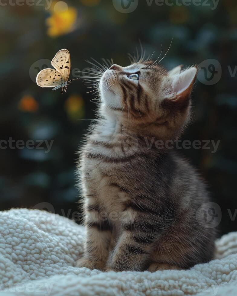 A kitten is looking at a butterfly photo