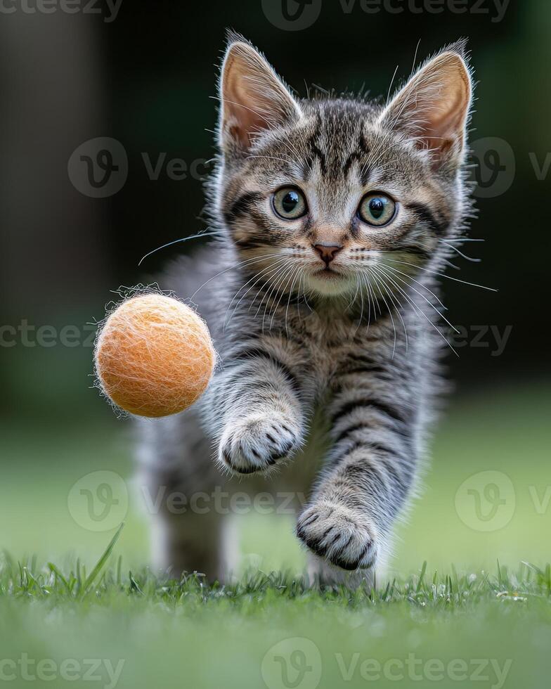 A kitten playing with a tennis ball photo