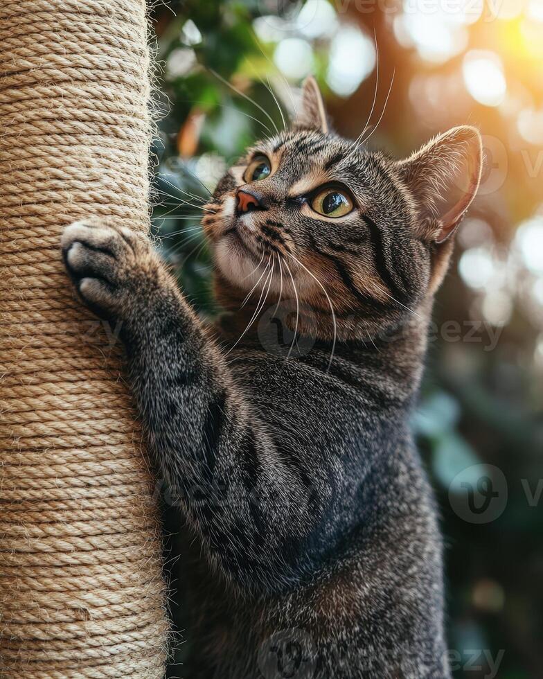 A cat is climbing up a rope to reach a tree photo