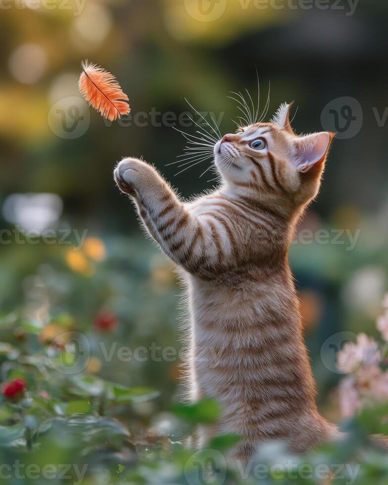 A cat reaching up to catch a feather photo