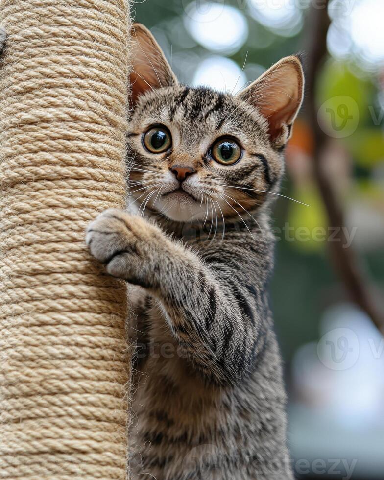 A cat is standing on a rope photo