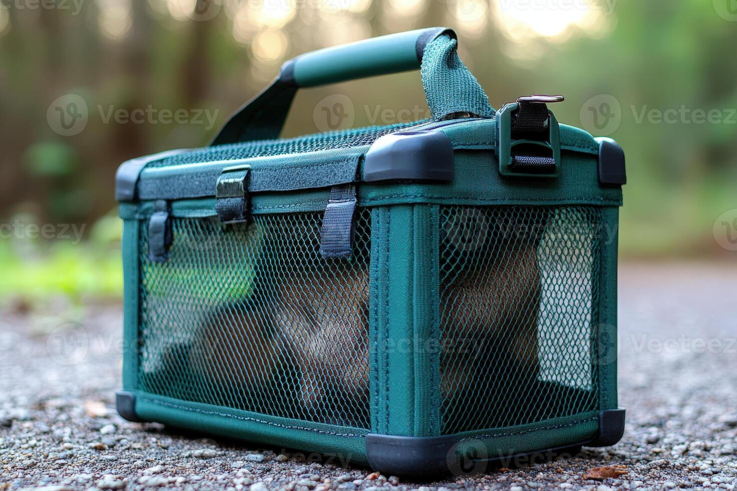 A green mesh bag with a cat inside photo