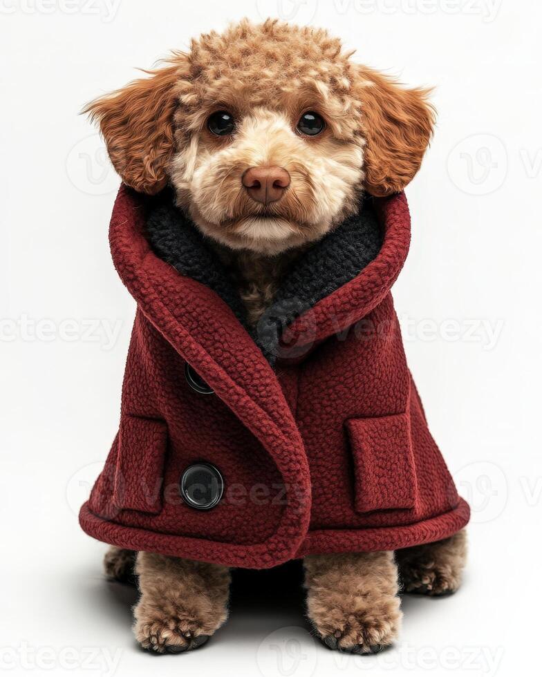 A dog wearing a red coat and black collar photo