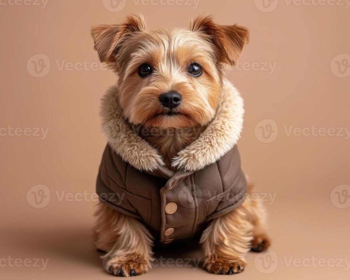 A small dog wearing a jacket on a brown background photo