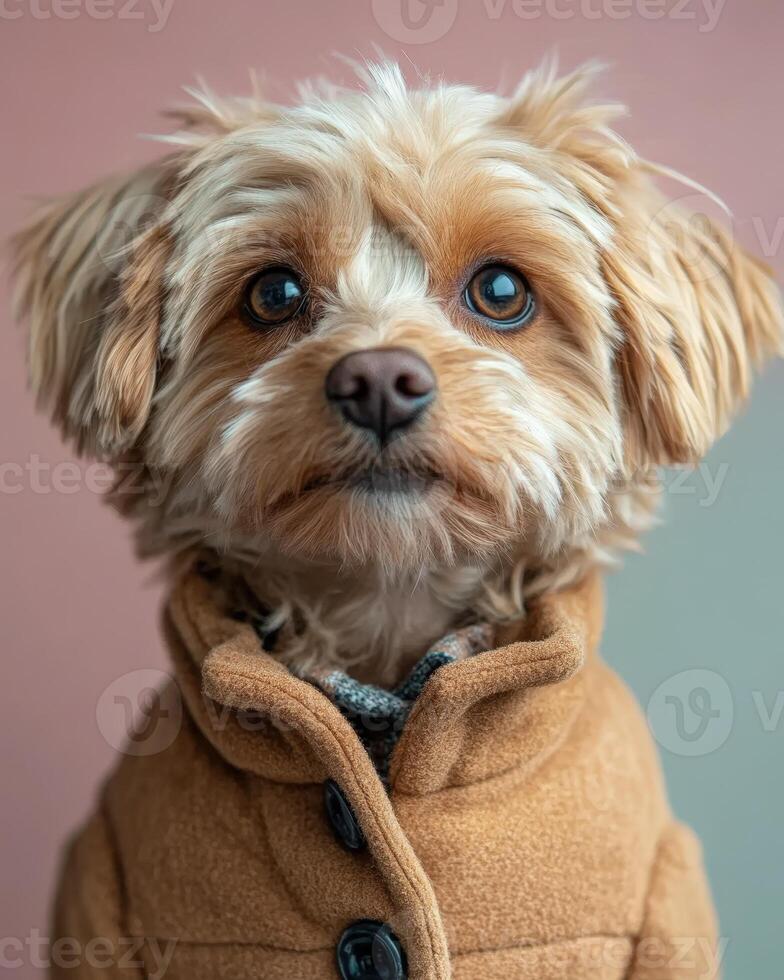 A dog wearing a jacket and tie looking at the camera photo