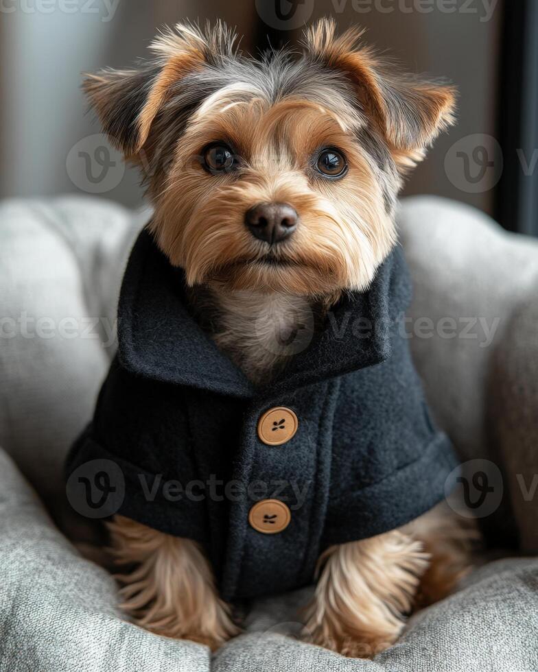 A small dog wearing a black coat sitting on a chair photo