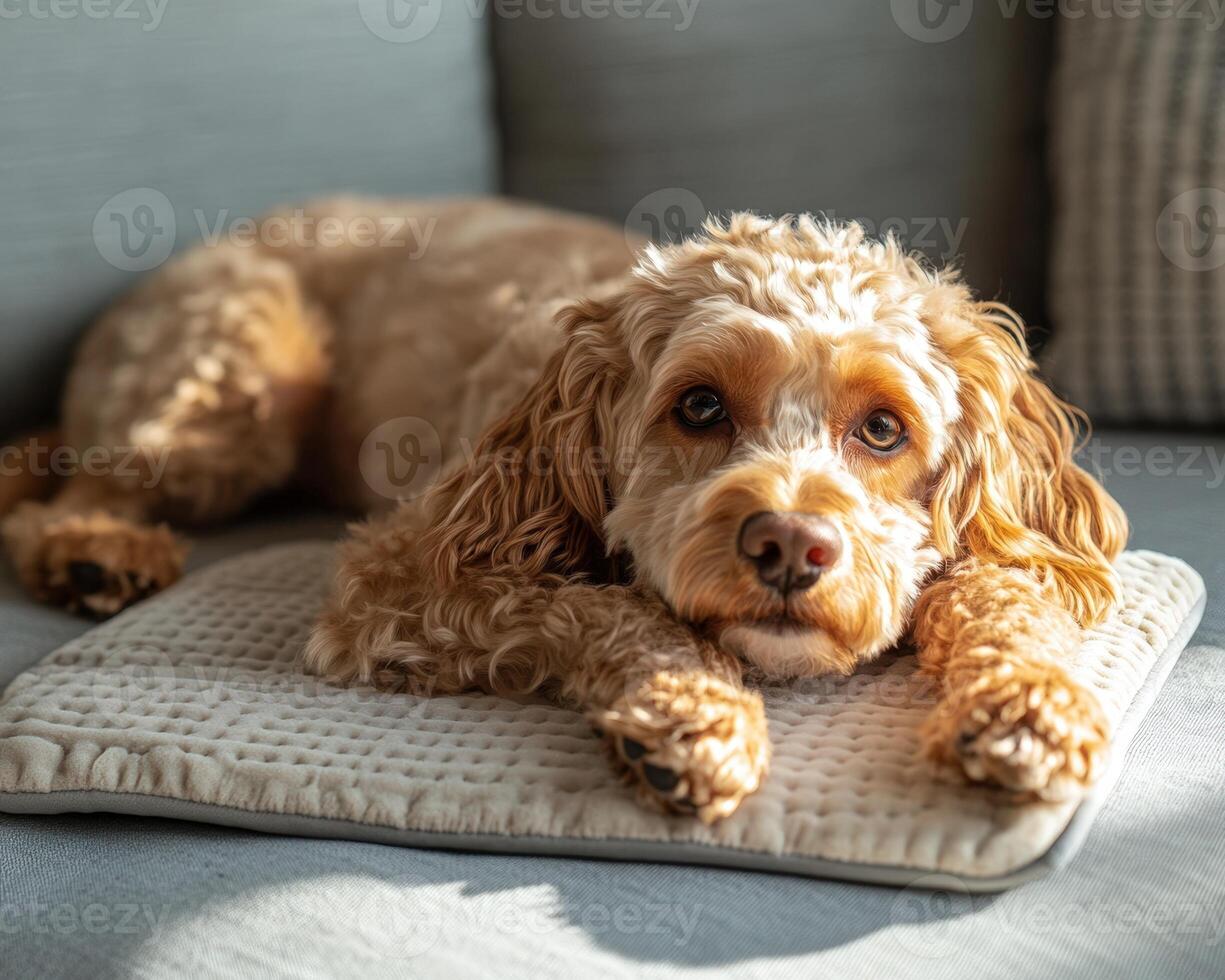 A dog laying on a pillow on a couch photo