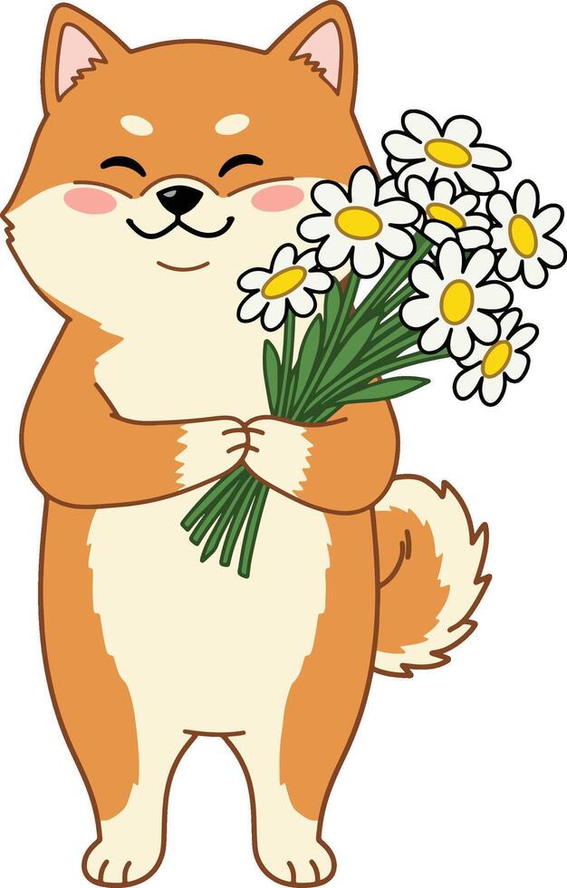 Happy Shiba Inu Holding a Bouquet of Flowers vector