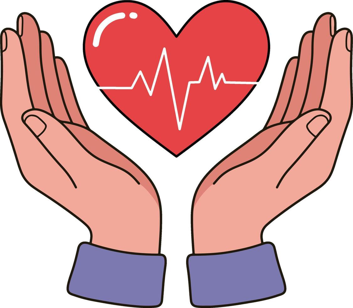Hands protecting a red heart with a heartbeat line vector