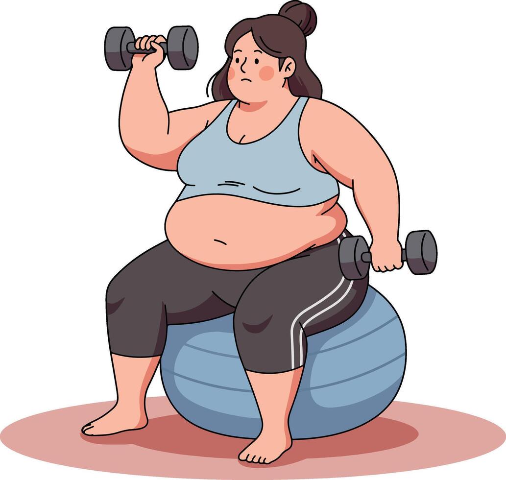 Fat woman exercising with dumbbells on a stability ball vector