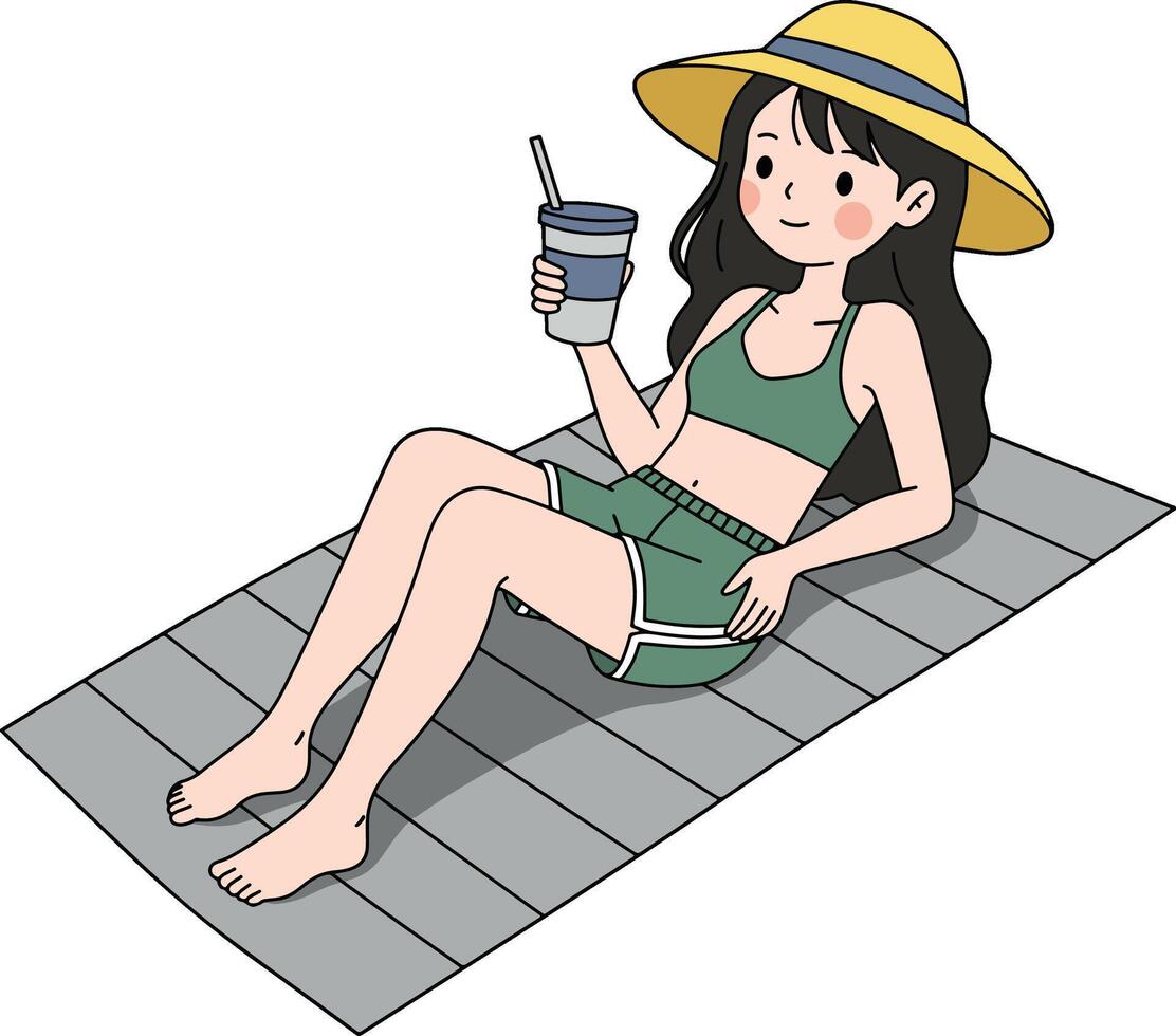 Woman Relaxing at Beach with Drink vector