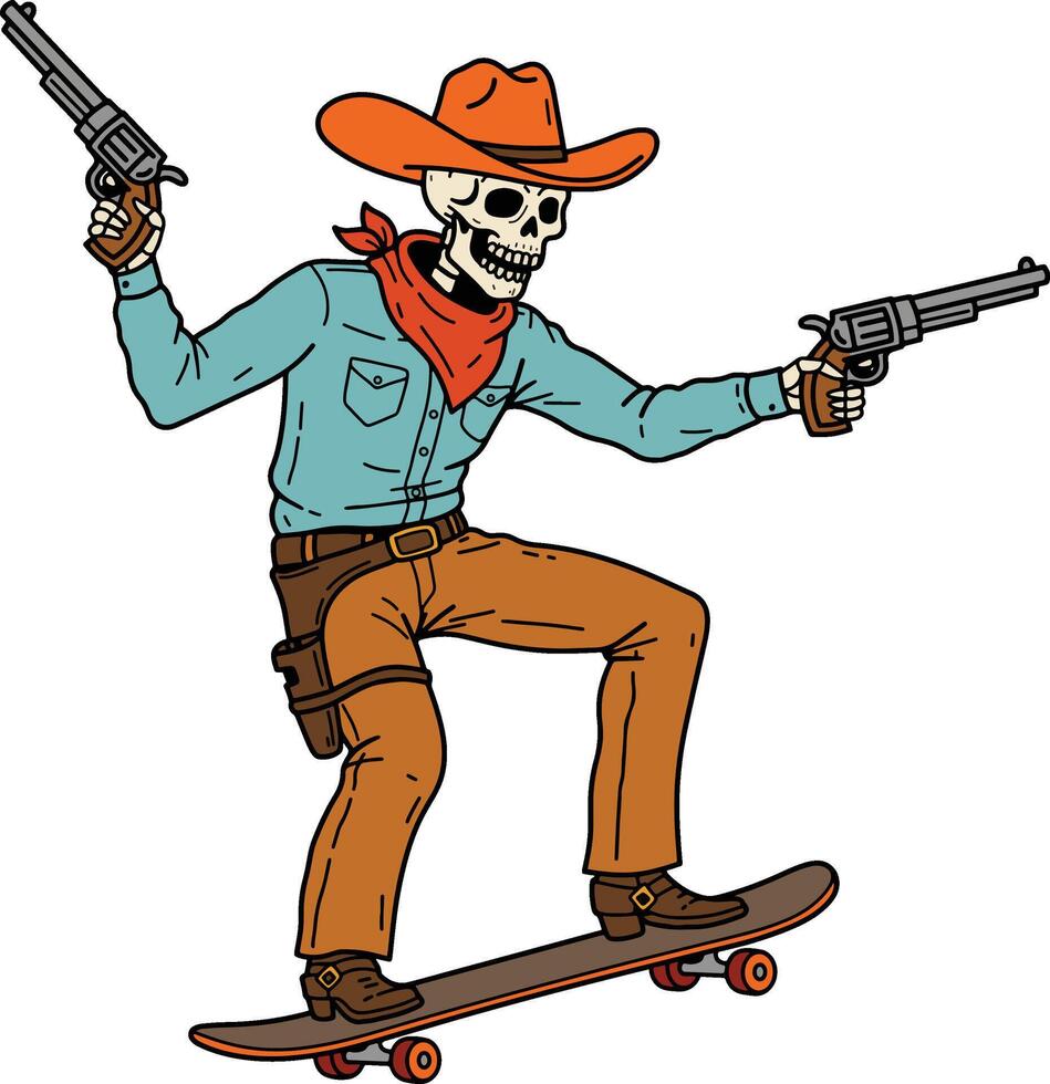Cowboy Skeleton Riding a Skateboard and Shooting Guns vector