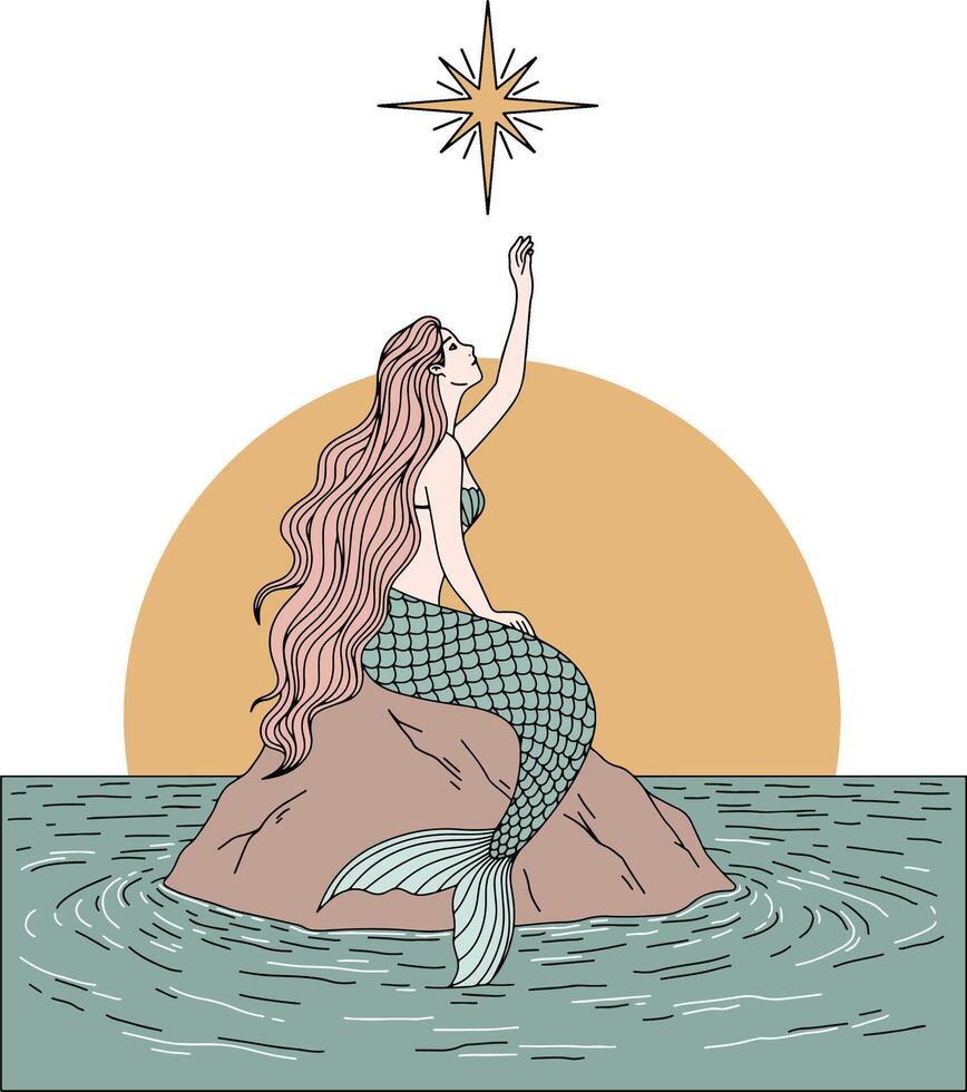 Mermaid reaching for a star during sunset on the ocean vector