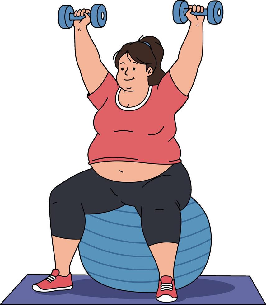 Fat woman working out with dumbbells on a stability ball vector
