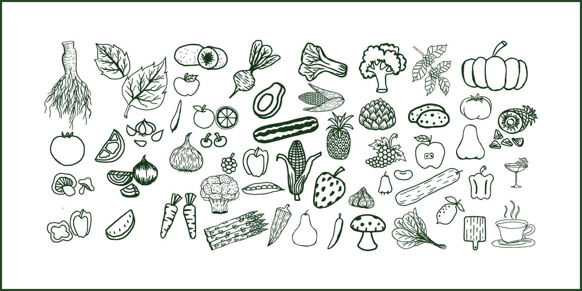 Hand drawn doodle food icons and elements collection featuring various snacks, meals, beverages, fruits, vegetables and kitchen items in sketchy style vector