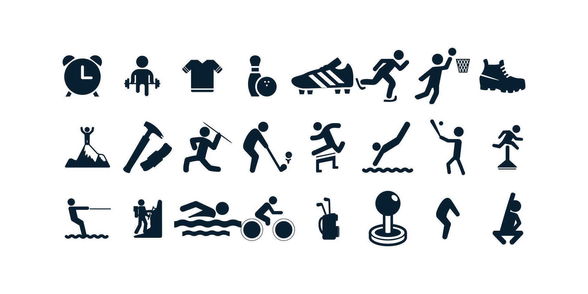 Sport and fitness web icons set in thin line design. Pack of volleyball, pool, diet, scales, pulse, gym, pharmacology, workout, exercise, boxing vector