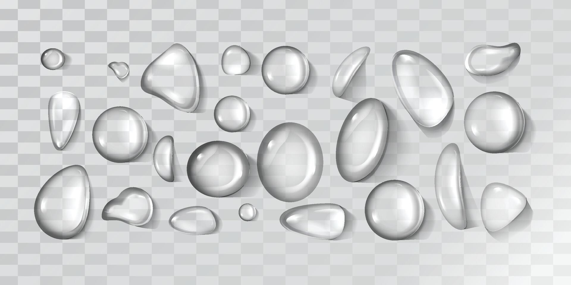 Highly detailed illustration of multiple realistic water drops with various shapes and reflections for nature, weather, and design use vector