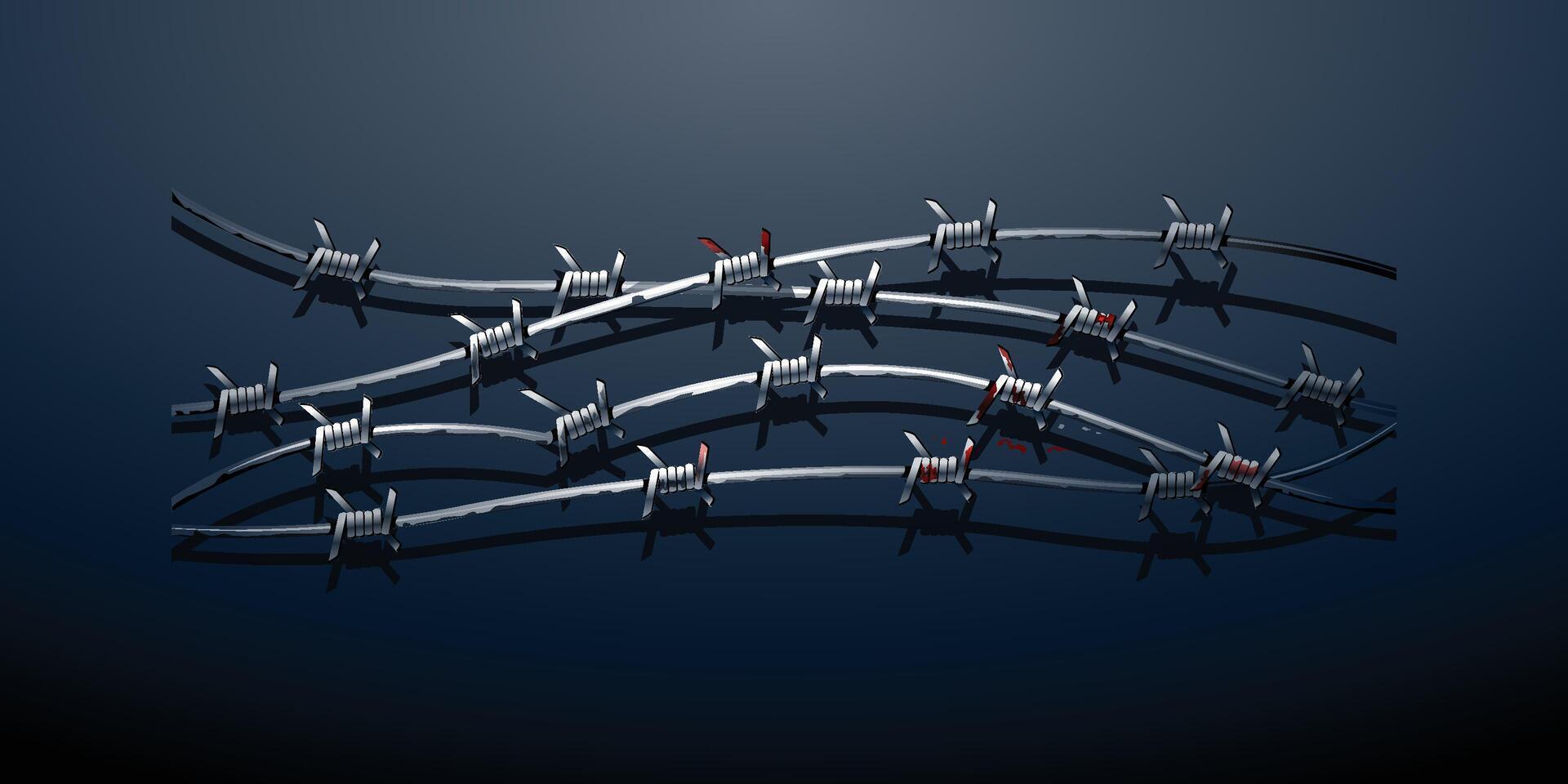 Realistic 3D illustration of barbed wire fence with sharp metal spikes and visible blood stains, symbolizing danger, restriction, violence and boundary for dramatic design vector