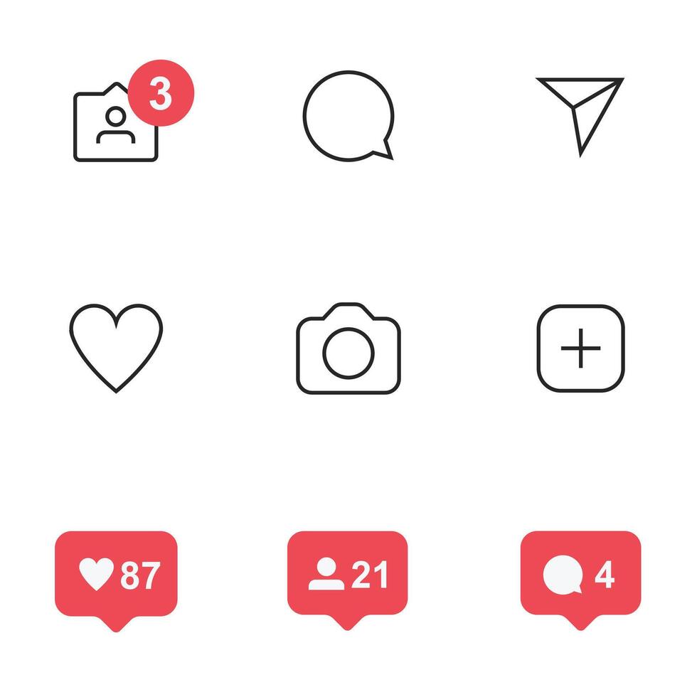 Social media icons set. Like, follower, comment, home, camera. Stock Illustration vector