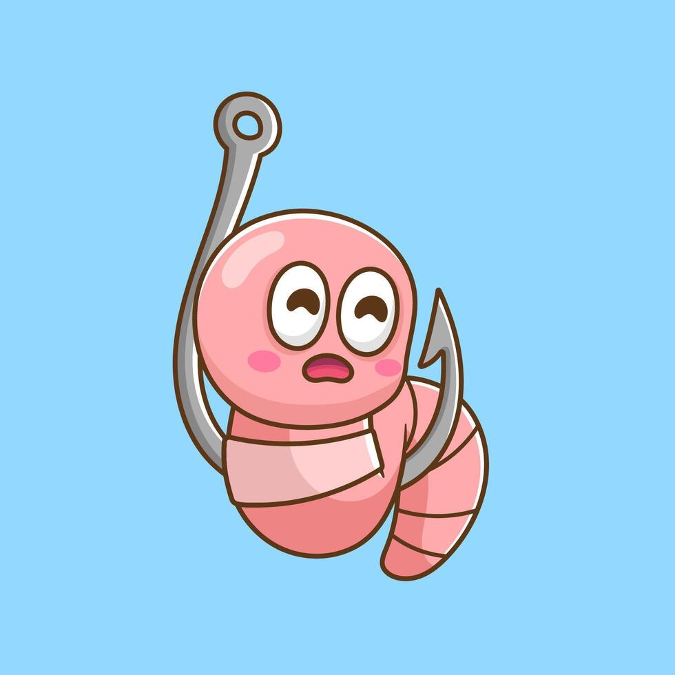 illustration of cute cartoon worm on fishing hook vector