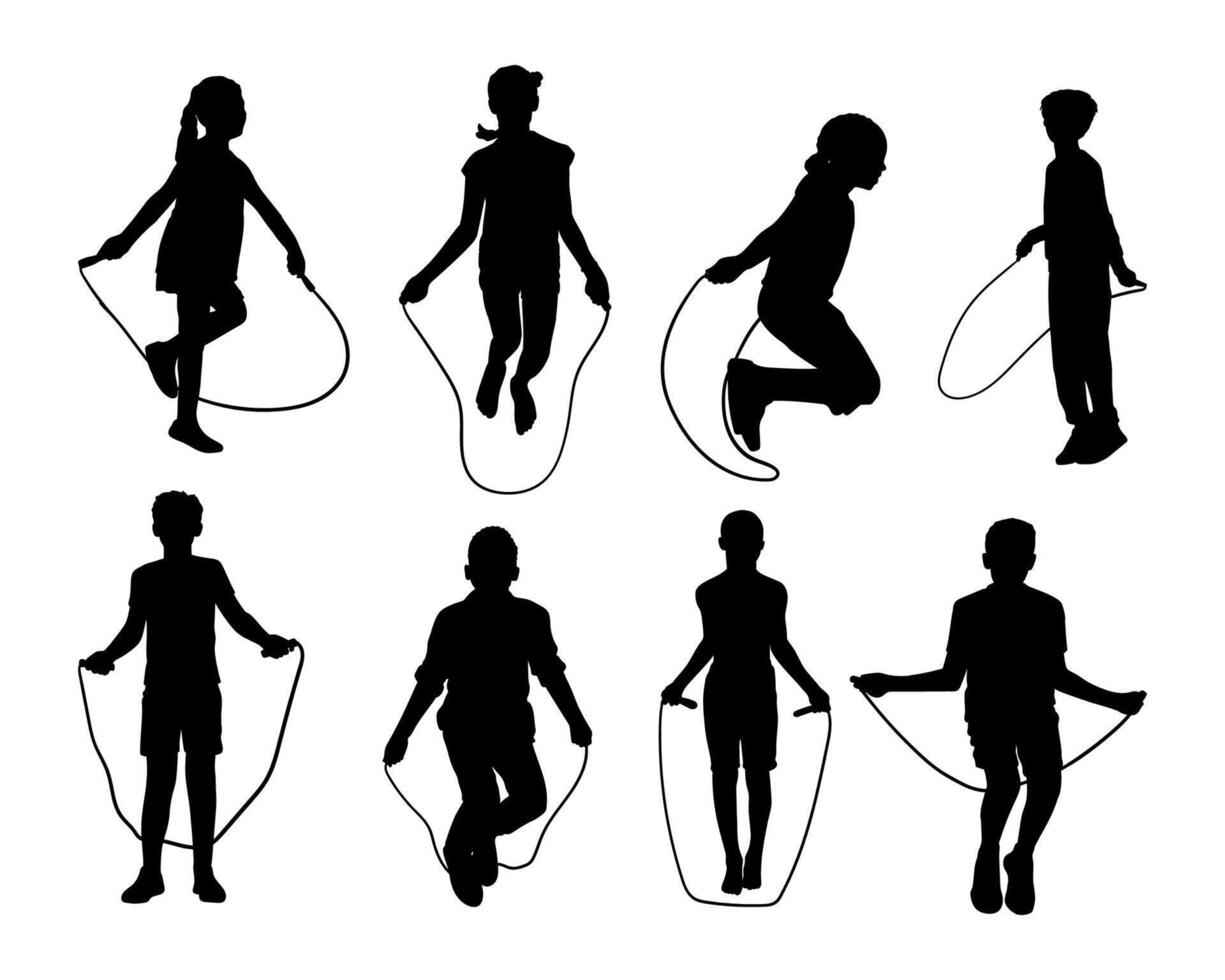 illustration silhouette of kids play jump rope collection on white backround vector
