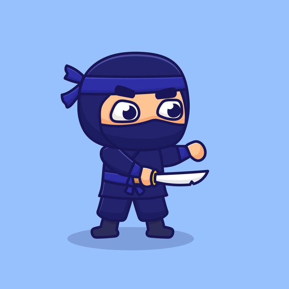 illustration of cute cartoon ninja with sword vector
