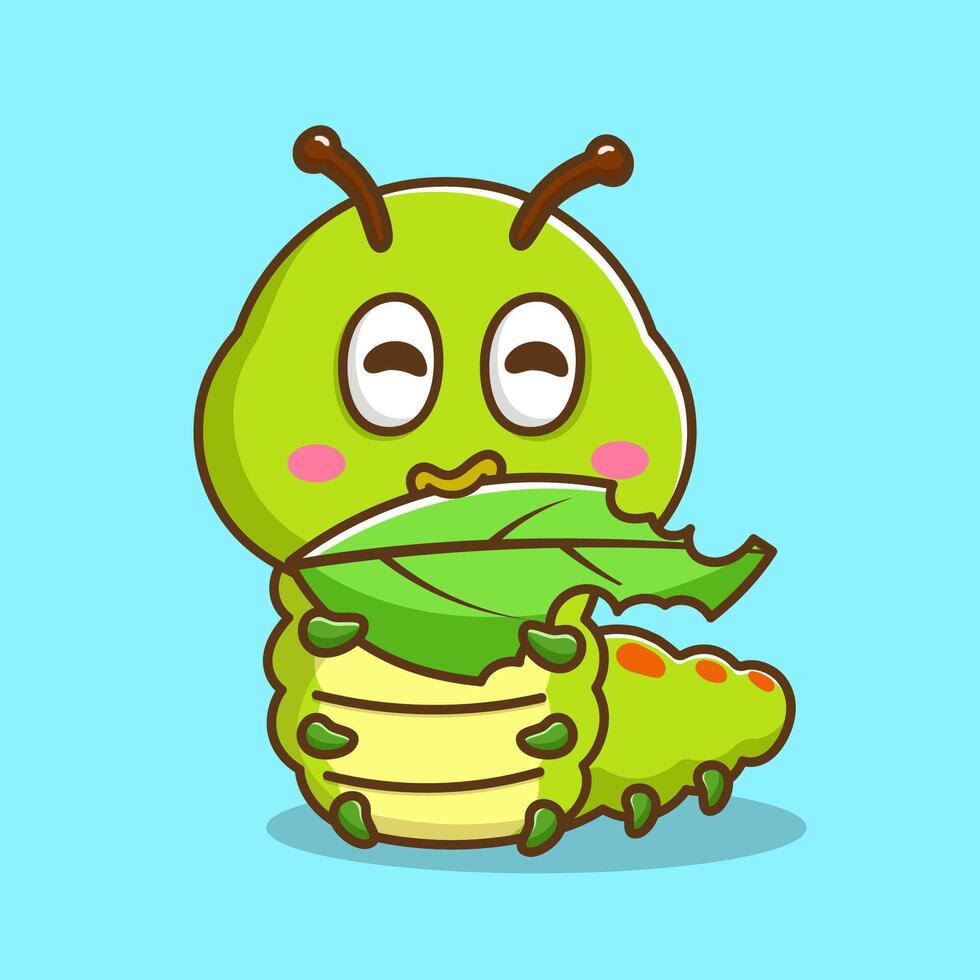 illustration of cute cartoon caterpillar eating leaf vector