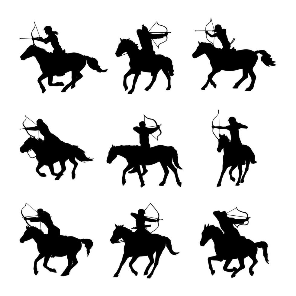 illustration silhouette of archer on horse collection set vector